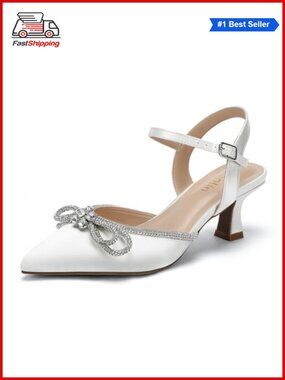 🎅 Rhinestone Bow Pointed Toe Kitten Heel Pumps Wide Width Ankle Strap
